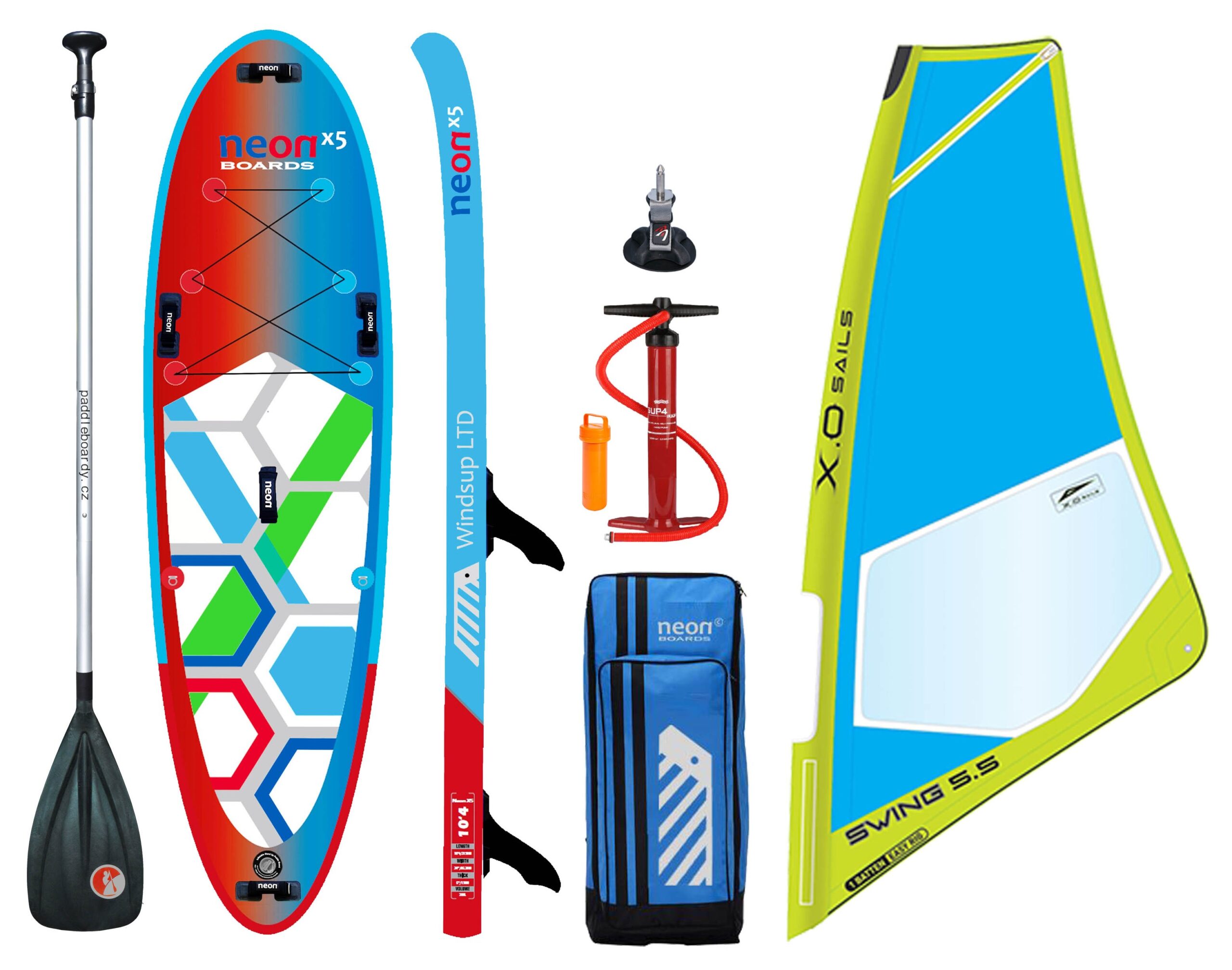 Nafukovací paddleboard Neon X5 Windsup LTD 10’4″x34″x6″ komplet s X.O.Sails Swing 5.5 oplachtěním - 15% sleva