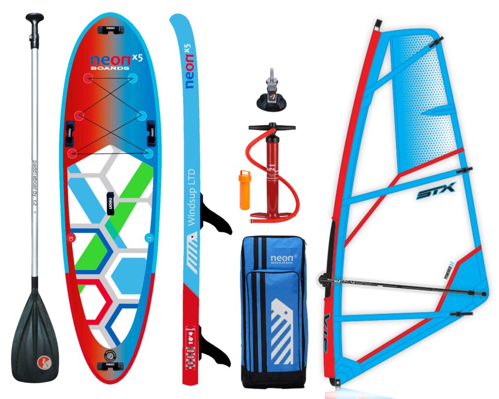 Nafukovací paddleboard Neon X5 Windsup LTD 10’4´´x34´´x6´´ komplet s juniorskou plachtou STX PowerKid 3.2-4.4 m2 - 15% sleva