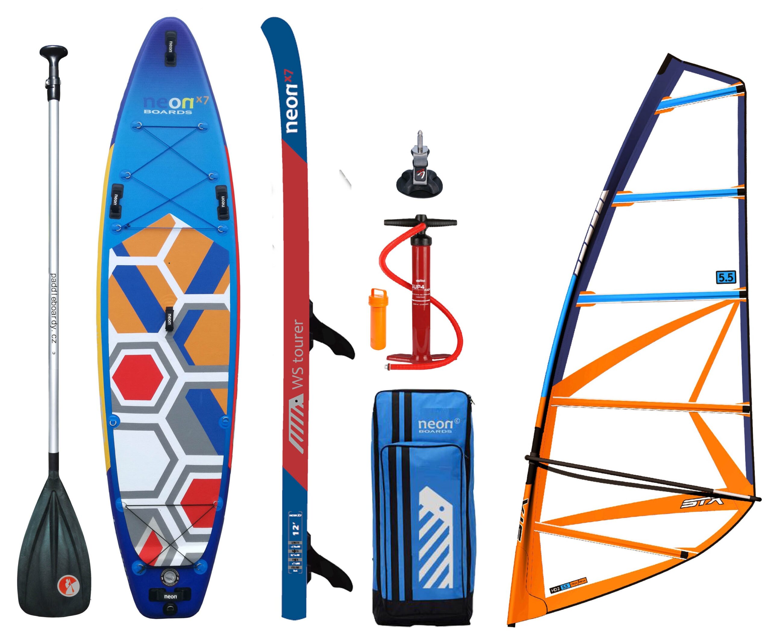 Nafukovací paddleboard Neon X7 WS Tourer 12’0″x34″x6″ komplet s STX oplachtěním 5.0 m2