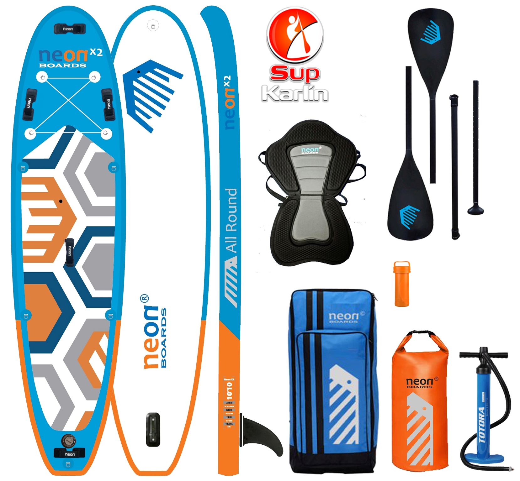 Kombo set nafukovací paddleboard Neon X2 MSL All Round - komplet s kajakovou sedačkou, 4 dílným pádlem a 25 l dry bagem