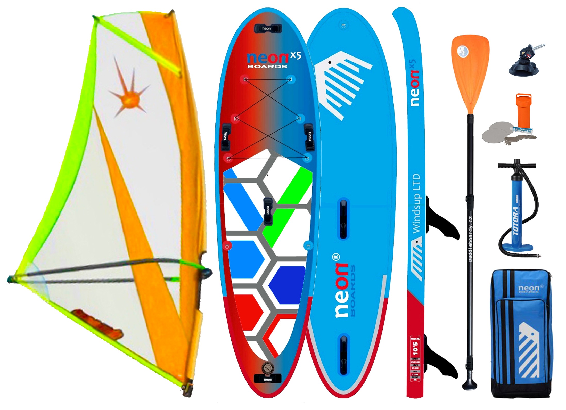 Nafukovací skluzový paddleboard Neon X5 10´2 s plachtou X.O.Sails Commando 5.5 m2