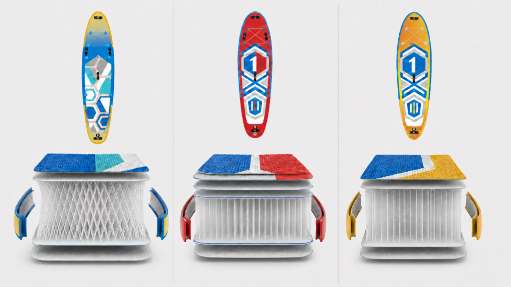 Srovnání konstrukcí paddleboardů Neon – 3D Light Woven, 3D Fusion a Single Layer